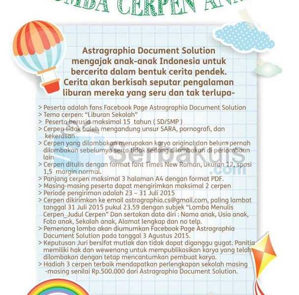 Kontes Cerpen Liburan Sekolah Berhadiah Total 1,5 Juta