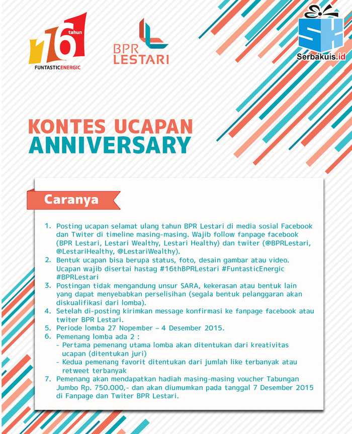 Kontes Ucapan Anniversary BPR Lestari Berhadiah Tabungan Jumbo