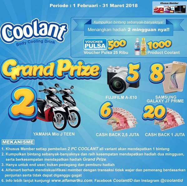 Promo Coolant x Alfamart Berhadiah 2 Yamaha Mio, 5 Fujifilm A-X10, 8 SAMSUNG J7 Prime, dll