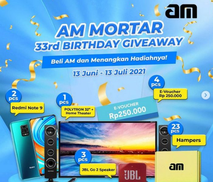Ayo semuanya ikutan Am Mortar 33rd Birthday Giveaway dan menangkan berbagai hadiah elektronik keren secara gratis jika beruntung. Hadiahnya ada televisi polytron, Smartphone xiaomi, Speaker JBL, E-Voucher hingga hampers.