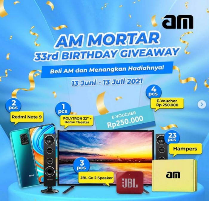 Ayo semuanya ikutan Am Mortar 33rd Birthday Giveaway dan menangkan berbagai hadiah elektronik keren secara gratis jika beruntung. Hadiahnya ada televisi polytron, Smartphone xiaomi, Speaker JBL, E-Voucher hingga hampers.