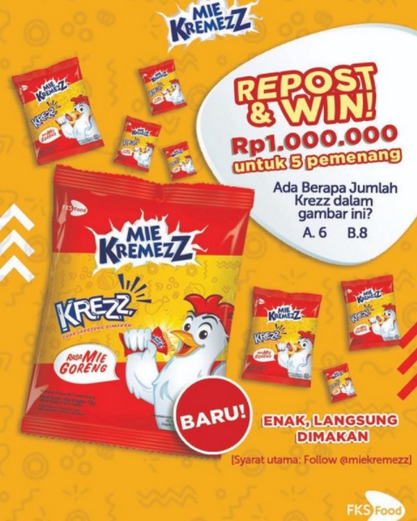 Kuis Online Repost & Win Mie Kremezz Berhadiah Total 1 Juta Rupiah