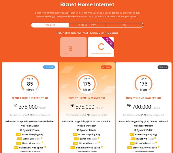 Daftar harga paket internet Biznet