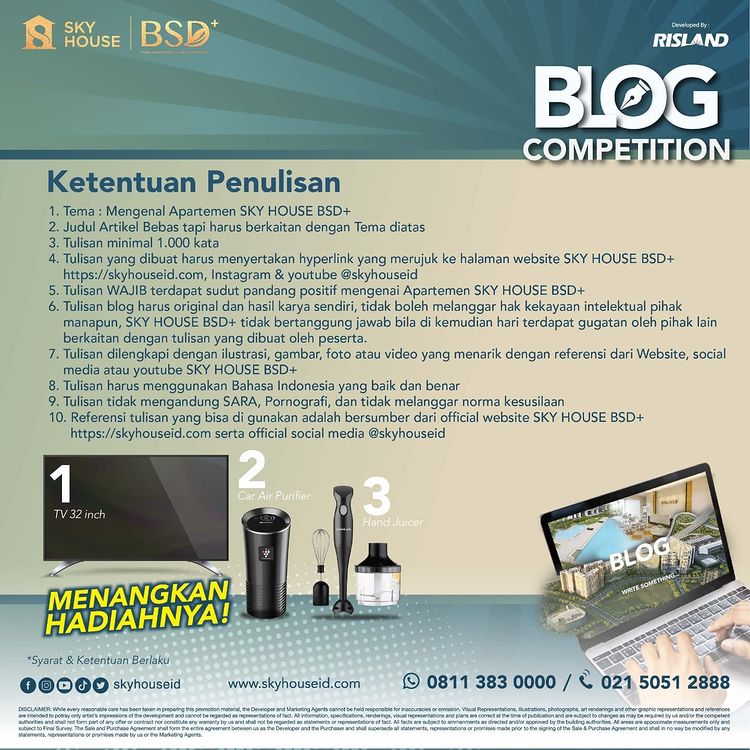 Ketentuan Penulisan Lomba Menulis Blog Apartemen Sky House BSD+ Berhadiah TV 32 Inch