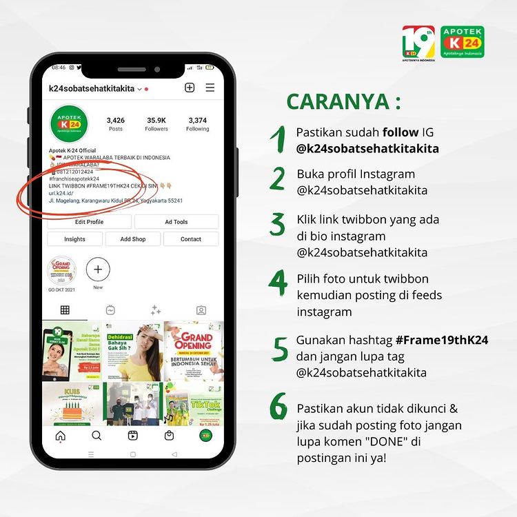 Mekanisme Lomba Foto Twibbon 19 Tahun Apotek K-24 Berhadiah Total 1.5 Juta Rupiah