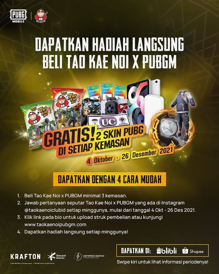 Promo Tao Kae Noi x PUBG Berhadiah iPad Pro Gen-4, UC, Earphone, dll