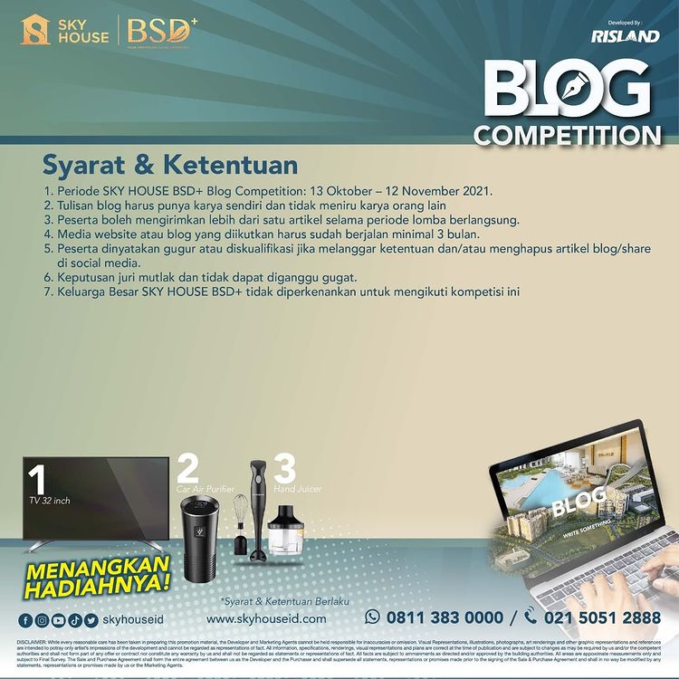 Syarat dan ketentuan Lomba Menulis Blog Apartemen Sky House BSD+ Berhadiah TV 32 Inch