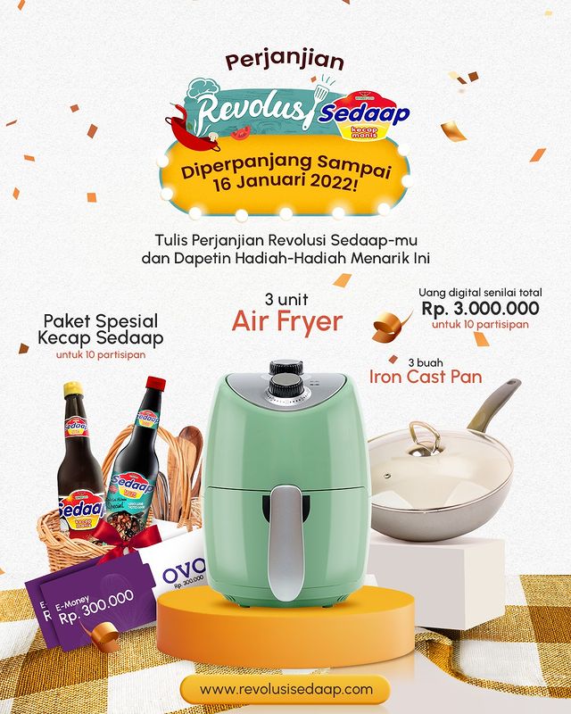 Kuis Janji Revolusi Sedaap Berhadiah 3 Juta, Iron Cast Pan, Air Fryer, dll