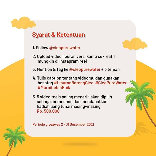 Mekanisme Lomba Video Liburan Bareng Cleo Berhadiah Uang Total 2.5 Juta Rupiah Mekanisme Lomba Video Liburan Bareng Cleo Berhadiah Uang Total 2.5 Juta Rupiah