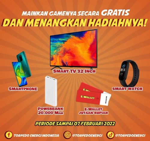 Main Game Torpedo Tancep Run Berhadiah Smart TV, HP, Mi Band 4, dll