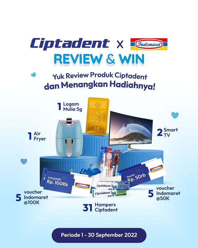 Ciptadent x Indomaret Review & Win Smart TV, Emas, Voucher, dll