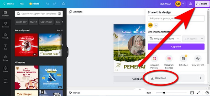 cara download desain konten instagram di canva