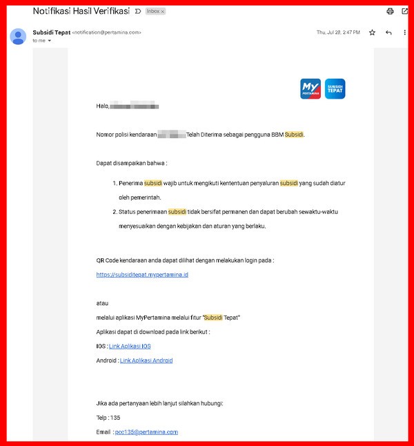 contoh email verifikasi berhasil daftar subsidi tepat pertamina