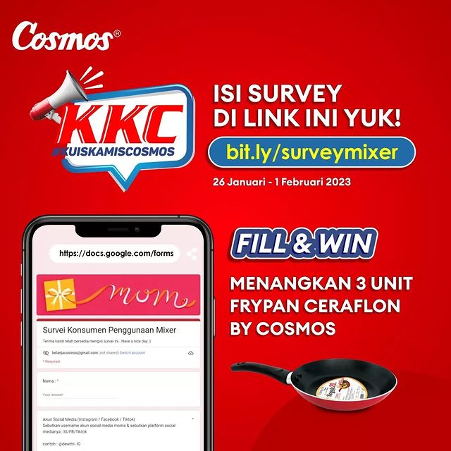 Kuis Survey Mixer Cosmos Berhadiah 3 unit Frypan Ceraflon