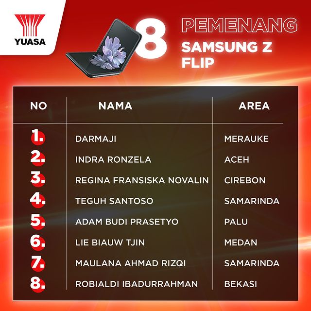 Pemenang Grand Prize Samsung Z Flip Undian Yuasa Giveaway 2022