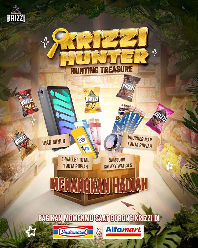 Ada panggilan untuk kalian para penggemar snack Krizzi khususnya yang berjiwa petualang. Kamu memiliki  kesempatan buat dapetin treasure berupa iPad Mini 6, Samsung Galaxy Watch 5, Voucher MAP 1 Juta Rupiah, dan E-Wallet Total 1 Juta Rupiah!

Menangkan hadiah tersebut dengan berpartisipasi dalam promo challenge "Krizzi Hunter Hunting Treasure" yang berlangsung sampai dengan 10 April 2023.

Caranya dengan berfoto bersama produk krizzi yang kamu borong di alfamart atau indomaret, dan kemudian mengirimkan foto struknya ke DM instagram @krizzi.id. Informasi selengkapnya cek di bawah ini.

<strong>Ikuti juga : </strong>
<table width="auto">
<tbody>
<tr>
<td style="background-color: #e6e6fa; text-align: left;"><strong>TEMA</strong></td>
<td style="text-align: left;">Krizzi Hunter Hunting Treasure</td>
</tr>
<tr>
<td style="background-color: #e6e6fa; text-align: left;"><strong>OLEH</strong></td>
<td>Krizzi</td>
</tr>
<tr>
<td style="background-color: #e6e6fa; text-align: left;"><strong>PERIODE</strong></td>
<td>Sampai 10 April 2023</td>
</tr>
<tr>
<td style="background-color: #00bfff; text-align: center;" colspan="2"><strong>HADIAH</strong></td>
</tr>
<tr>
<td style="text-align: left;" colspan="2">
<ul>
 	<li>iPad Mini 6</li>
 	<li>Samsung Galaxy Watch 5</li>
 	<li>Voucher MAP Rp 1 Juta</li>
 	<li>E-wallet Total 1 Juta</li>
</ul>
</td>
</tr>
</tbody>
</table>
<h2 style="text-align: center;">MEKANISME</h2>
<ol>
 	<li>Follow instagram<strong> @krizzi.id</strong> dan like postingan yang menggunakan hashtag #KRIZZIHUNTER</li>
 	<li>Buat foto kamu bersama Krizzi di instagram story ketika memborong Krizzi di Indomaret atau Alfamart.</li>
 	<li>Mention <strong>@krizzi.id </strong>dan 3 teman kamu, serta berikan tagar <strong>#KrizziHunter #JagonyaBikinCrazy</strong></li>
 	<li>Tambahkan instagram story kamu ke highlight dengan nama "<span style="color: #0000ff;">KRIZZI HUNTER</span>".</li>
 	<li>Kirimkan struk pembelian Krizzi lewat DM <strong>@krizzi.id</strong></li>
 	<li>Setiap membeli 1 bungkus Krizzi akan mendapatkan 10 Poin yang akan ditambahkan ke Leaderboard</li>
 	<li>Pastikan akun kamu tidak diprivate</li>
</ol>
<p style="text-align: center;"><a href="" class="su-button su-button-style-"flat"" style="color:#FFFFFF;background-color:"#c9102a";border-color:"#c9102a";border-radius:0px;-moz-border-radius:0px;-webkit-border-radius:0px" target="_"blank"" rel=""nofollow"" title=""Klik"><span style="color:#FFFFFF;padding:4px 10px;font-size:9px;line-height:14px;border-color:"#c9102a";border-radius:0px;-moz-border-radius:0px;-webkit-border-radius:0px;text-shadow:none;-moz-text-shadow:none;-webkit-text-shadow:none"><i class="sui sui-"" style="font-size:9px;color:#FFFFFF"></i> <strong>SUMBER INFORMASI</strong></span></a></p>