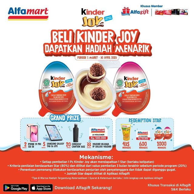 Promo Kinder Joy Alfamart Berhadiah 2 iPhone, Tablet, Corkcicle, dll