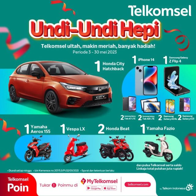 Telkomsel Undi-Undi Hepi Mei 2023 Berhadiah Mobil, Motor, dll