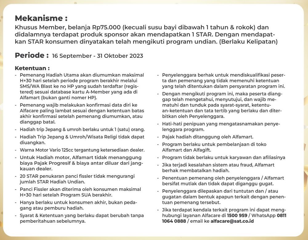 Syarat dan ketentuan Undian Alfamart Tebar Kado Ultah Berhadiah Total 4 Miliar Rupiah