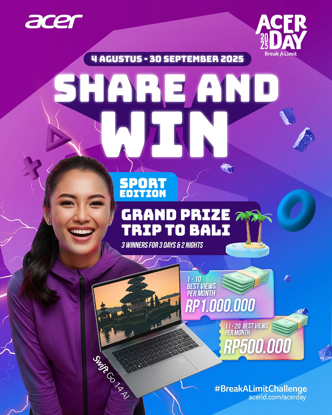 Giveaway Share & Win Acer Day Berhadiah Trip ke Bali & Uang