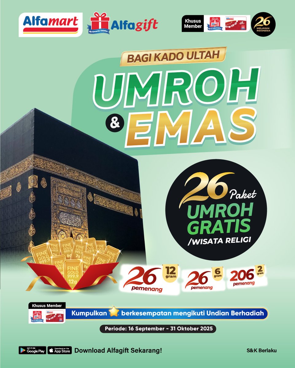 Undian Bagi Kado Ultah Alfamart Hadiah 26 Paket Umroh & Emas