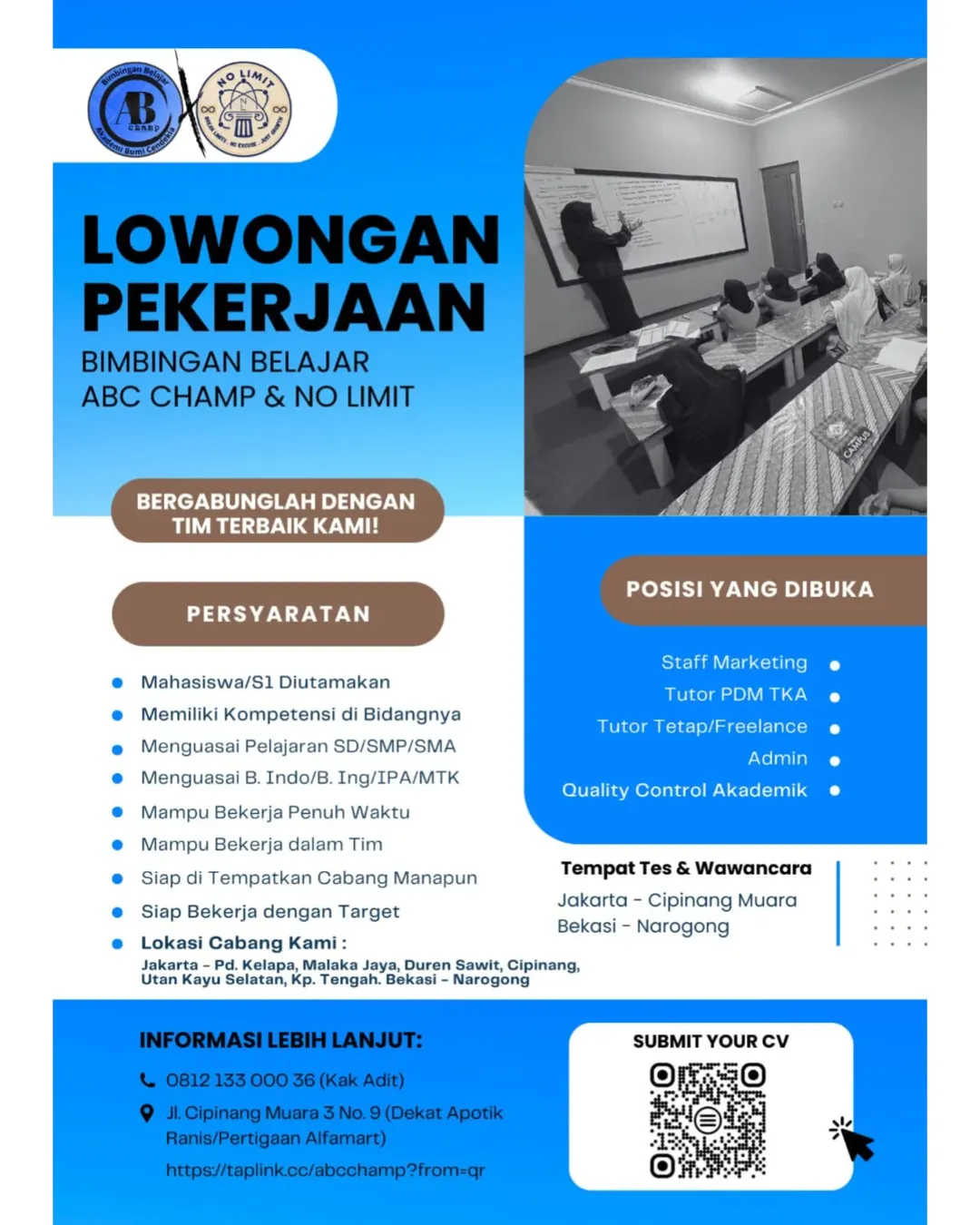 Lowongan Kerja Bimbel ABC Champ & No Limit Ajaran 2025-2026