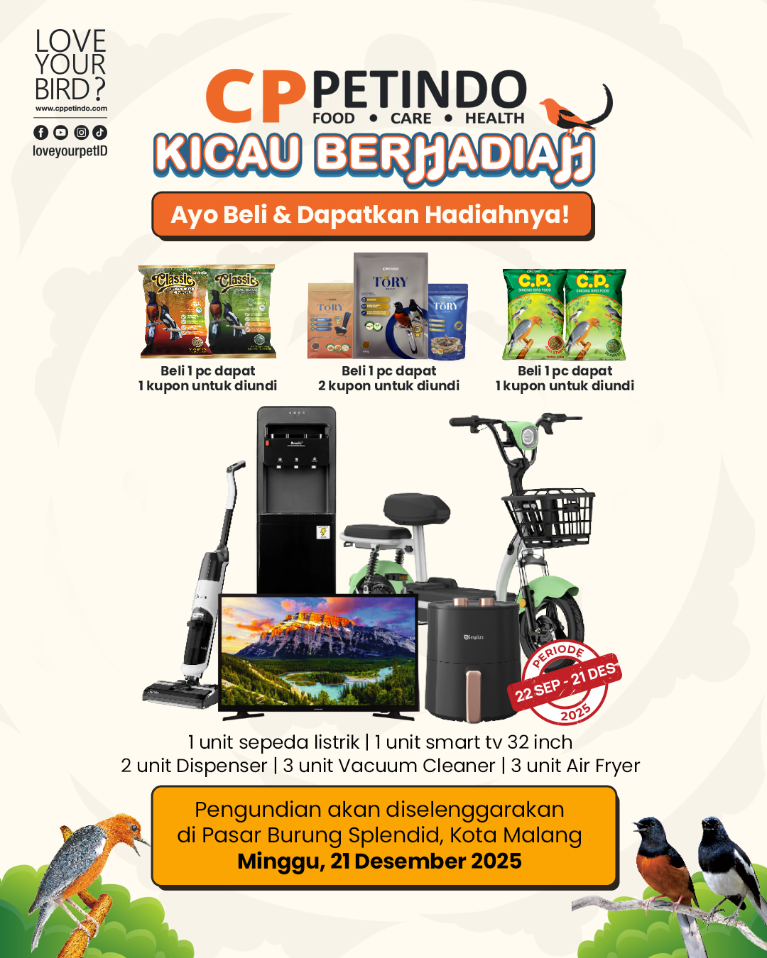Undian Kicau Berhadiah Sepeda Listrik, Dispenser, Vacuum, dll