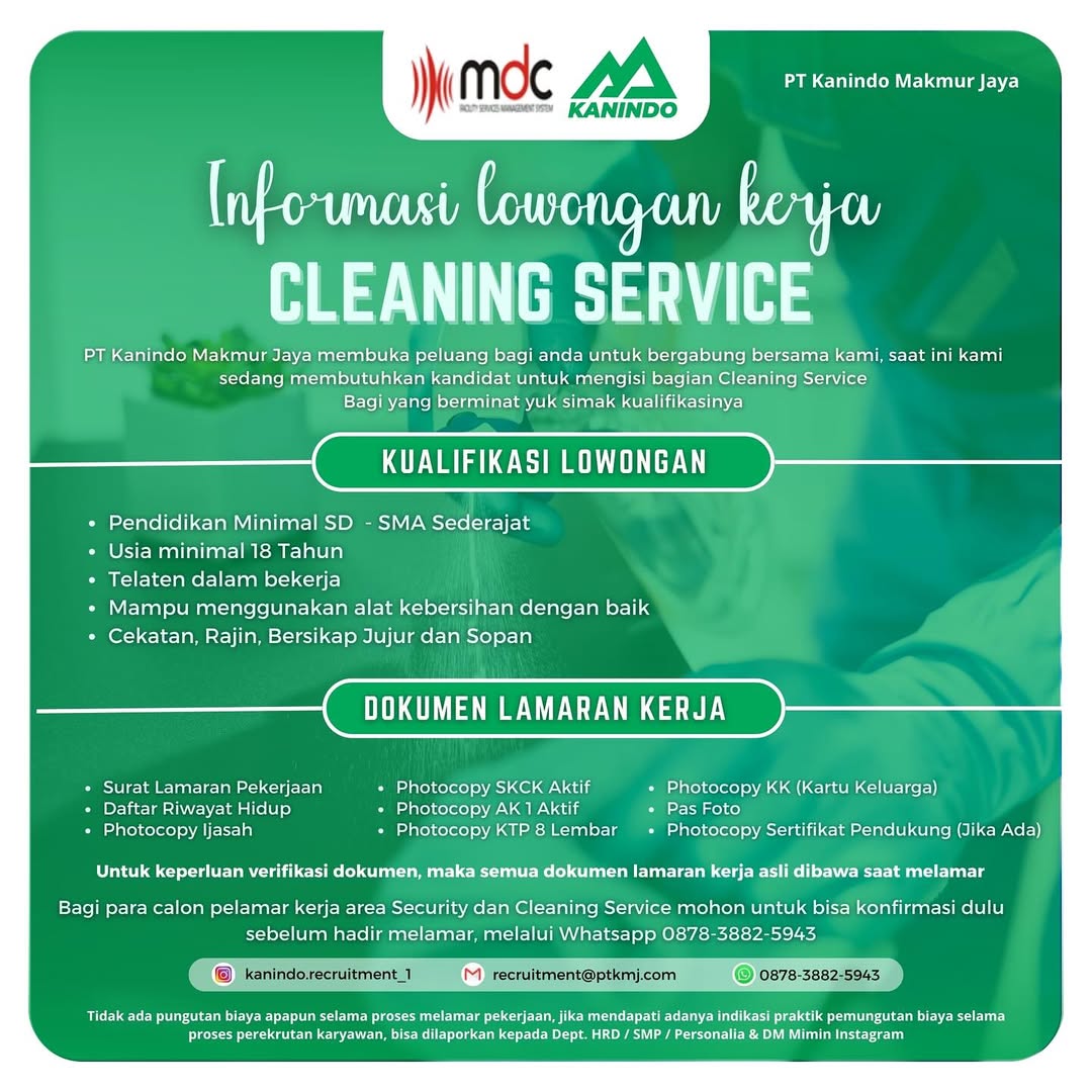 Loker Jawa Tengah Terbaru - Cleaning Service, Lulusan SD-SMA