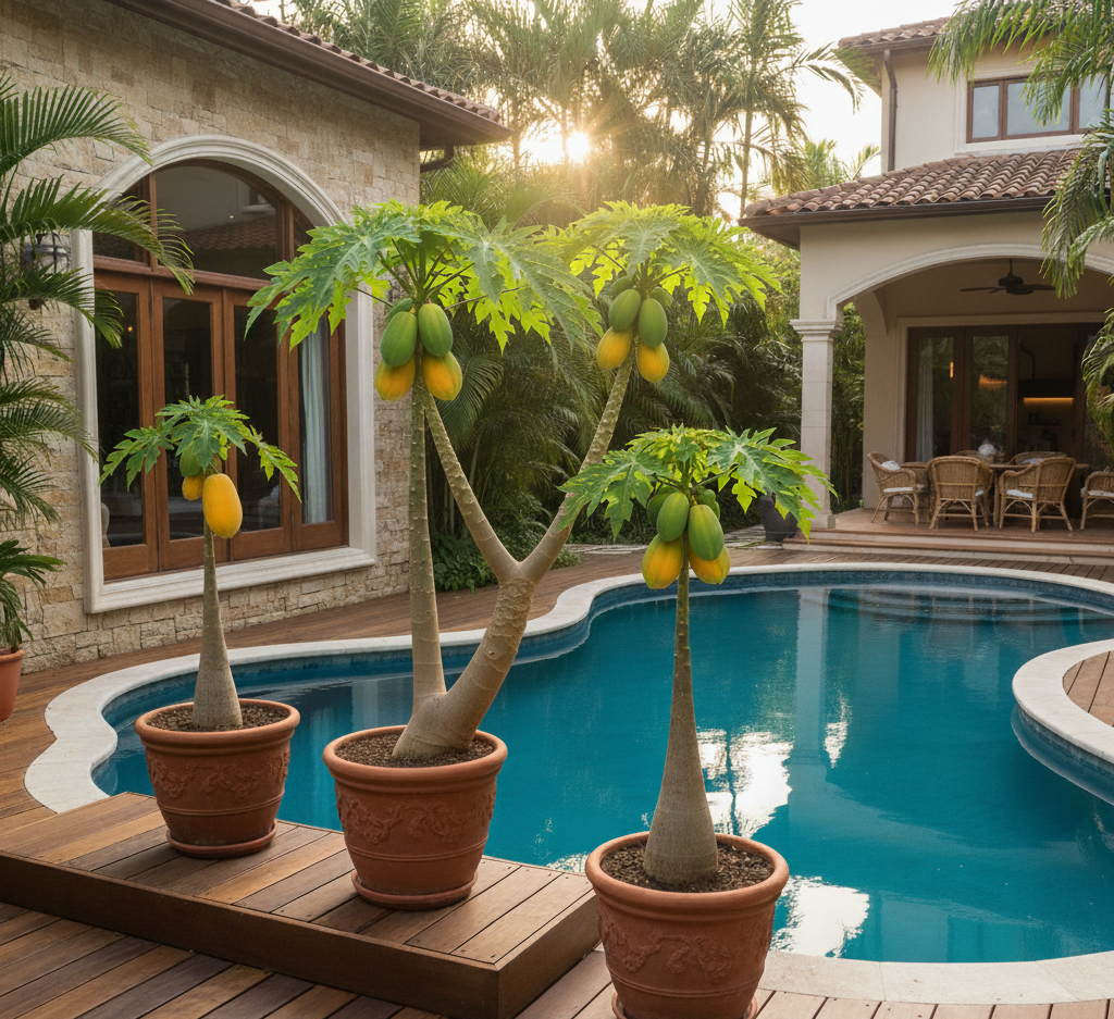 Tanaman buah pepaya dipinggir kolam renang