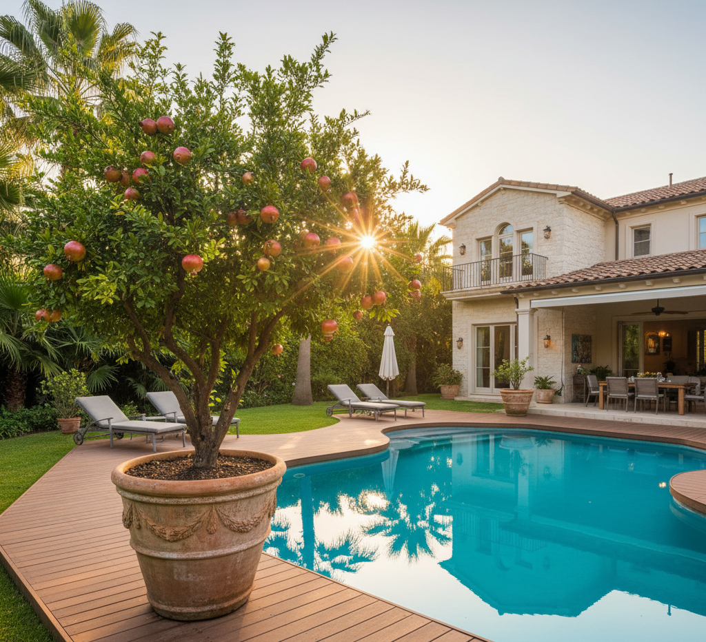 tanaman buah delima dipinggir kolam renang rumah