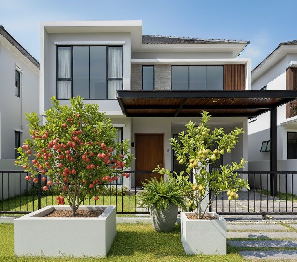 tanaman buah jambu air didepan rumah minimalis