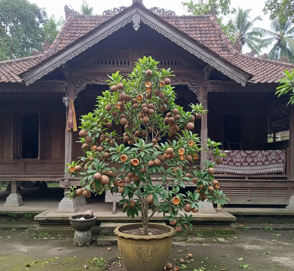 tanaman buah sawo di depan rumah jawa